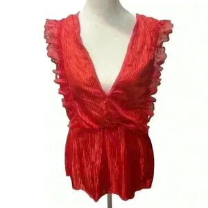 Vintage 80s Red Jaclyn Smith Lace Ruffle Tank Deep V